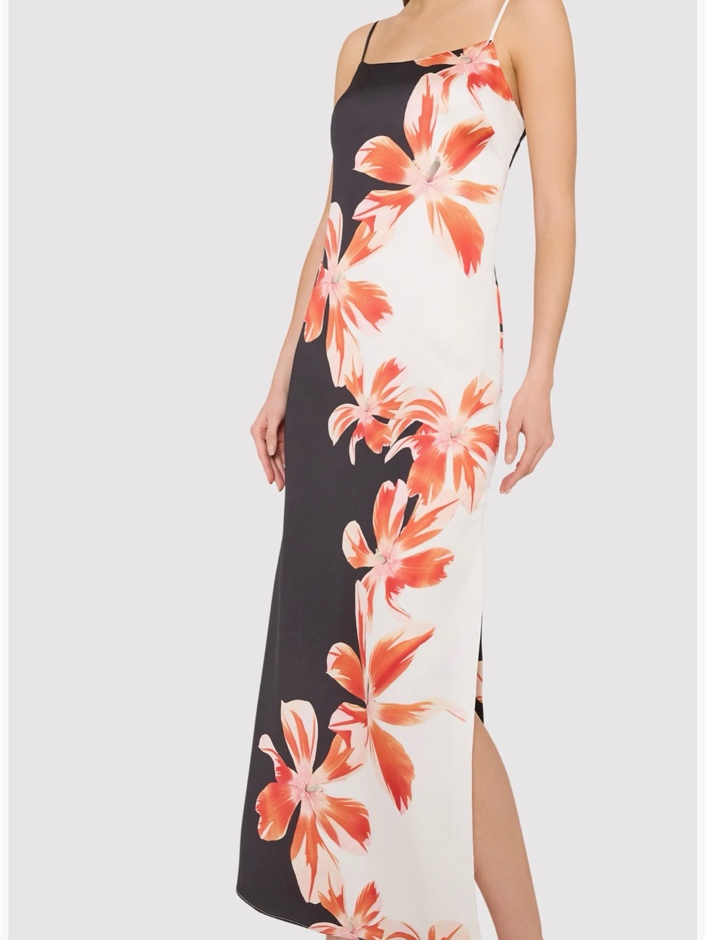 Milly Black and White Slip Maxi Dress with Coral Floral Print